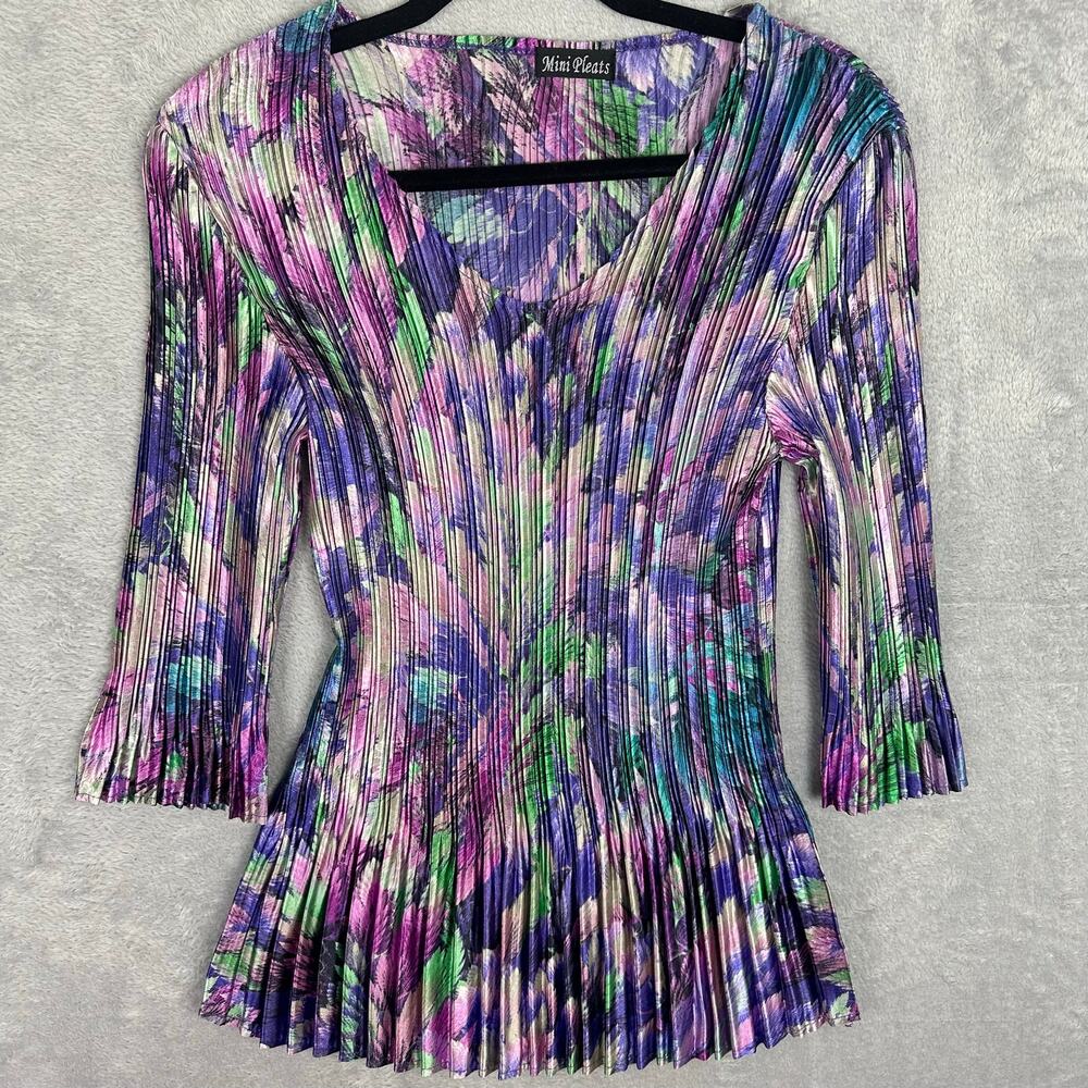 Y2K Purple Shimmer Mini Pleat Accordion Plisse Peplum Top M L Fairy Indie Rave
